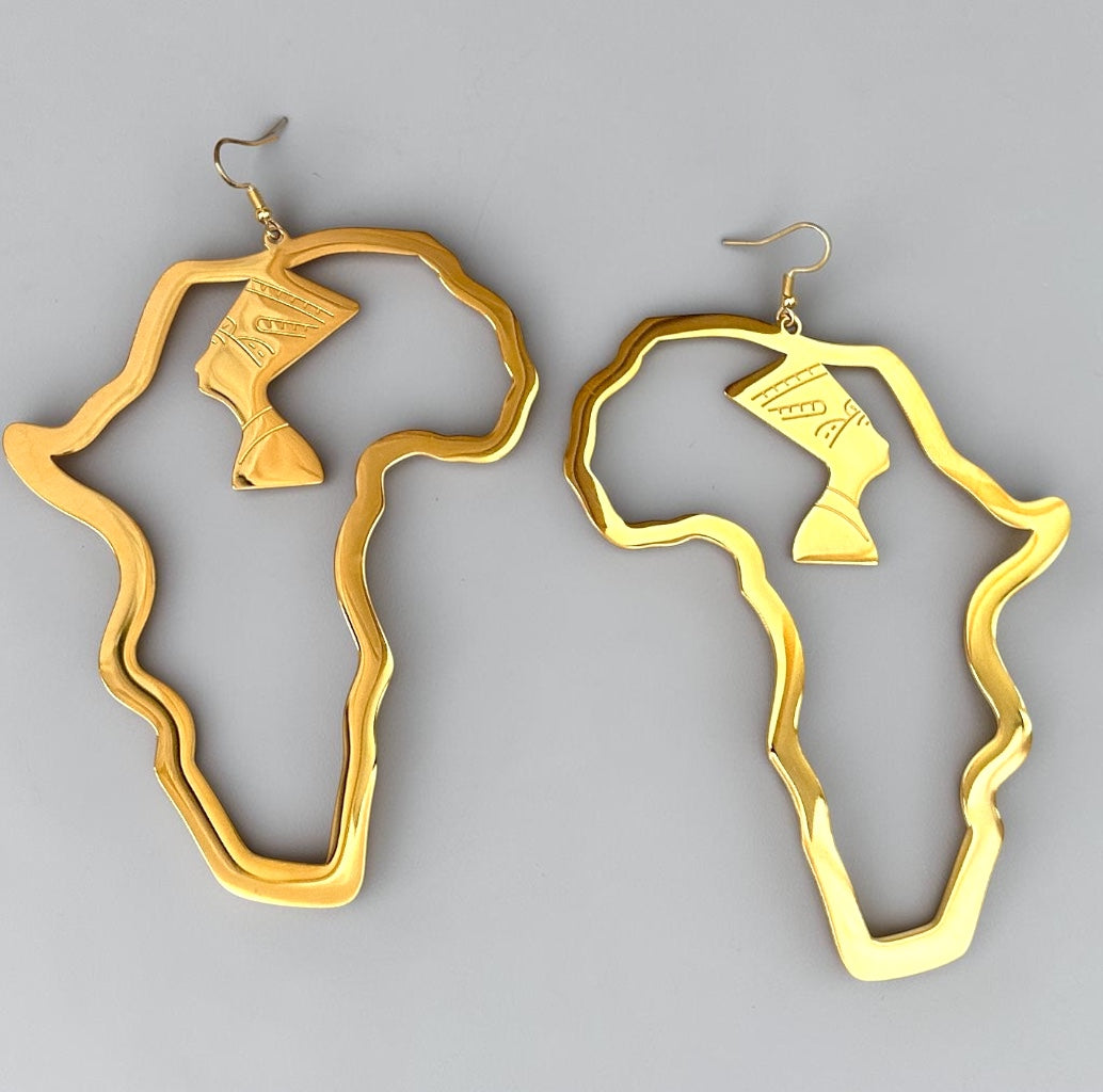 Oversized Gold Africa Map Nefertiti Statement Stainless Steel Earrings