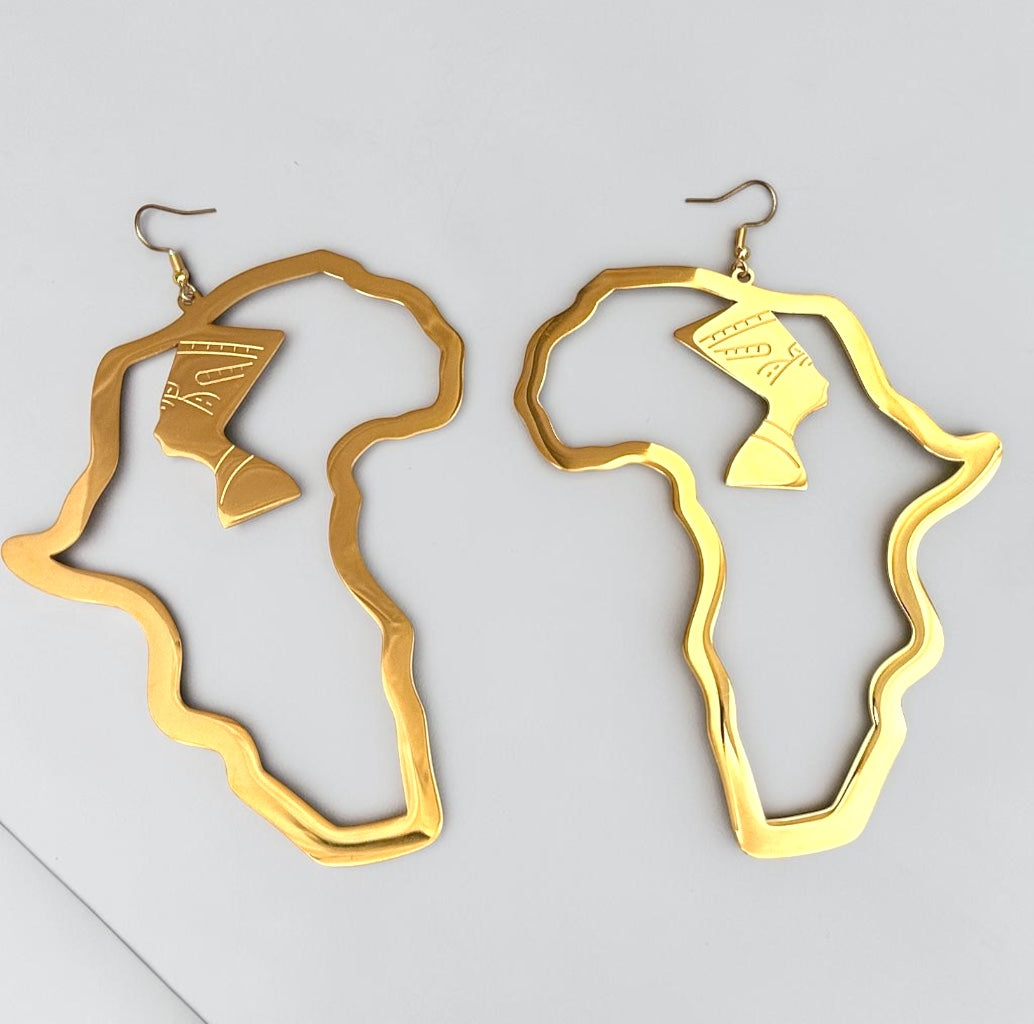 Oversized Gold Africa Map Nefertiti Statement Stainless Steel Earrings Fatisha Boutique