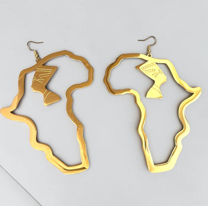 Oversized Gold Africa Map Nefertiti Statement Stainless Steel Earrings