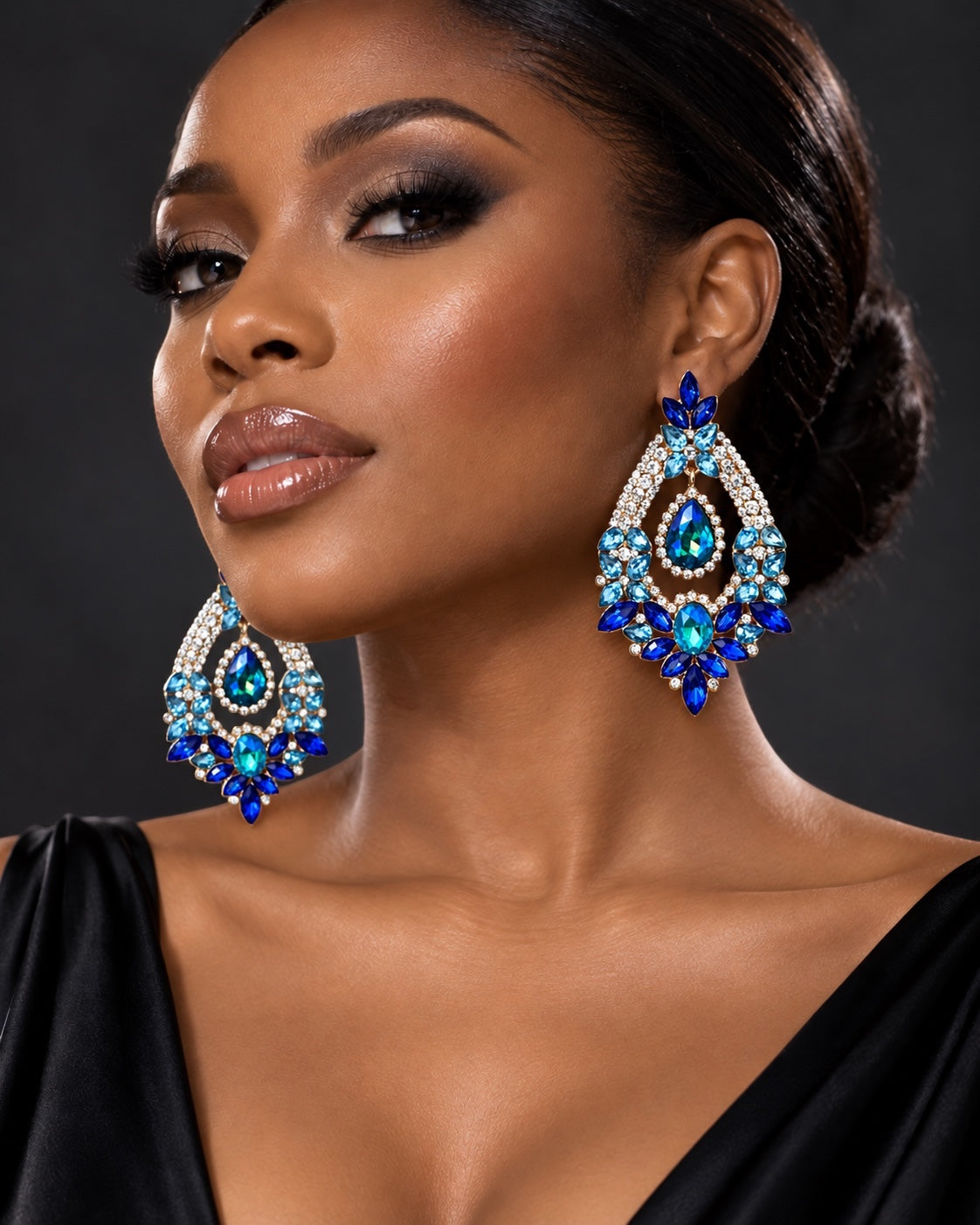 Blue & Green Rhinestone Teardrop Statement Earrings - Fatisha Boutique