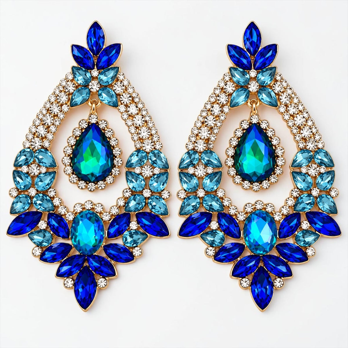 Blue & Green Rhinestone Teardrop Statement Earrings - Fatisha Boutique Fatisha Boutique