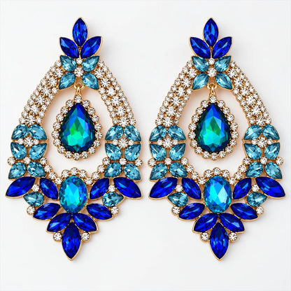 Blue & Green Rhinestone Teardrop Statement Earrings - Fatisha Boutique
