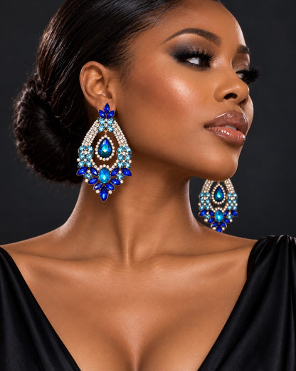 Blue & Green Rhinestone Teardrop Statement Earrings - Fatisha Boutique