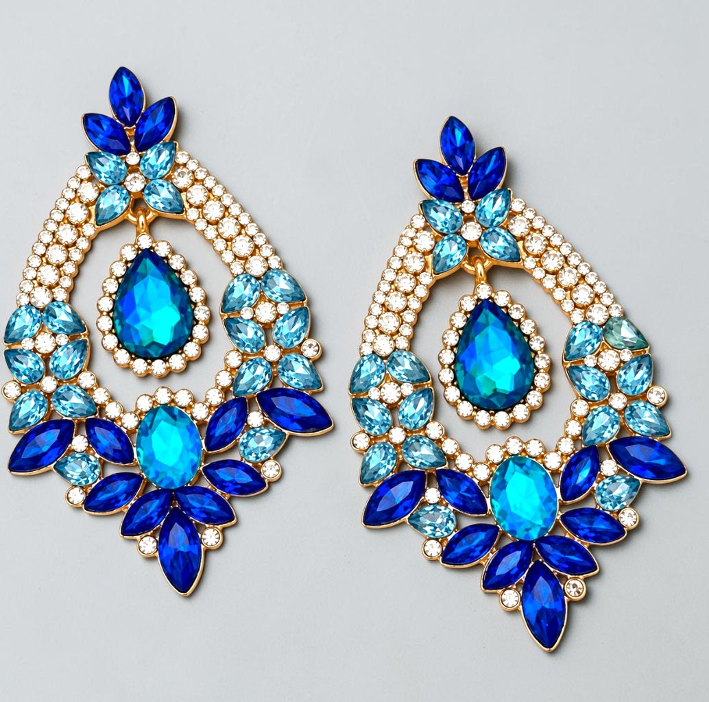 Blue & Green Rhinestone Teardrop Statement Earrings - Fatisha Boutique