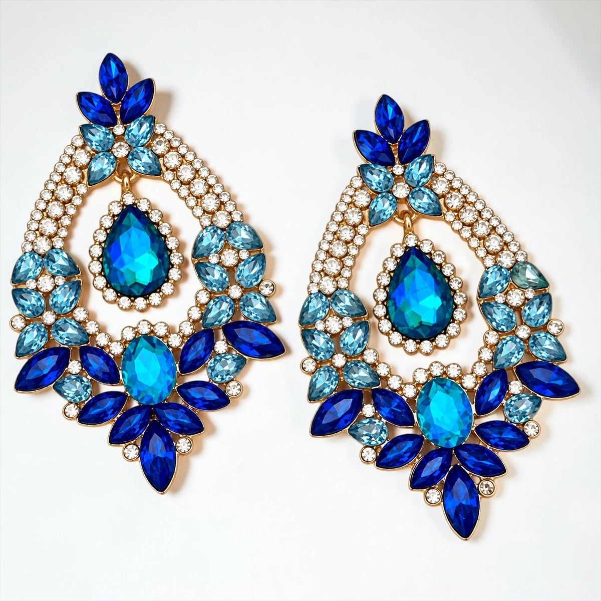 Blue & Green Rhinestone Teardrop Statement Earrings - Fatisha Boutique Fatisha Boutique