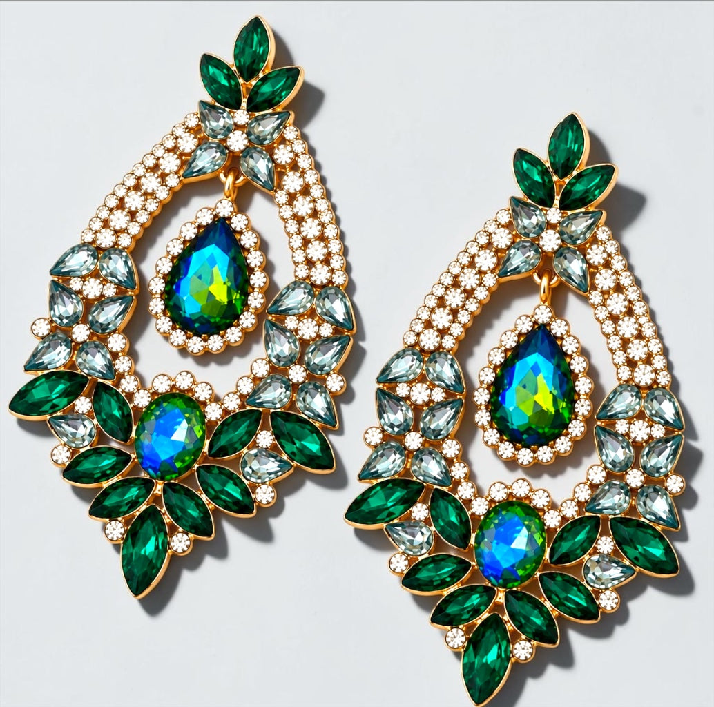 Blue & Green Rhinestone Teardrop Statement Earrings - Fatisha Boutique Fatisha Boutique