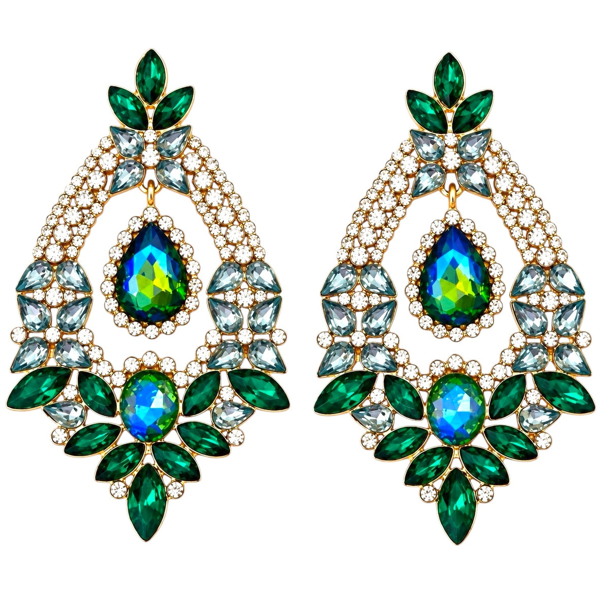 Blue & Green Rhinestone Teardrop Statement Earrings - Fatisha Boutique Fatisha Boutique