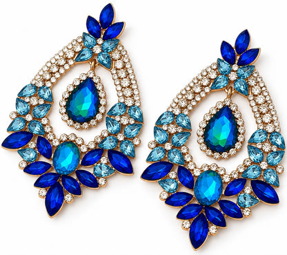 Blue & Green Rhinestone Teardrop Statement Earrings - Fatisha Boutique