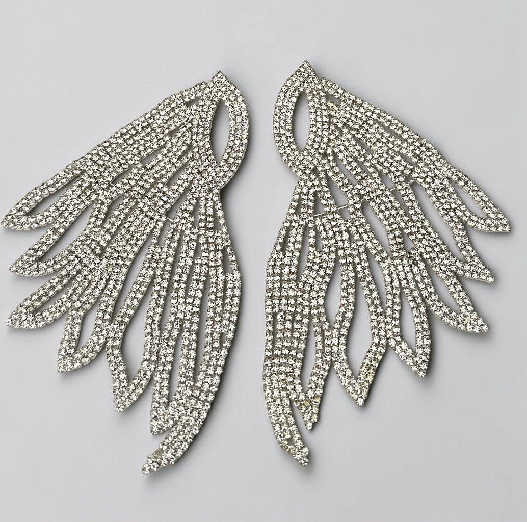 Rhinestone Feather Statement Earrings, Long Crystal Chandelier Earrings in Silver or Gold - Fatisha Boutique Fatisha Boutique