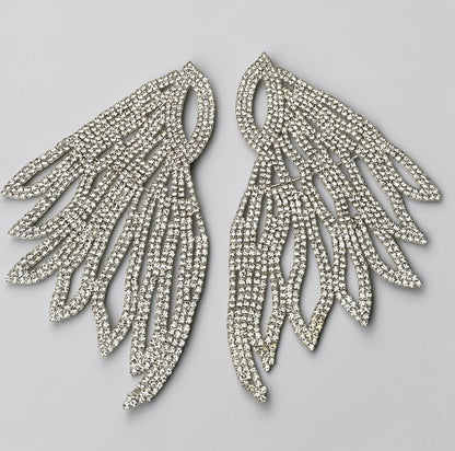 Rhinestone Feather Statement Earrings, Long Crystal Chandelier Earrings in Silver or Gold - Fatisha Boutique