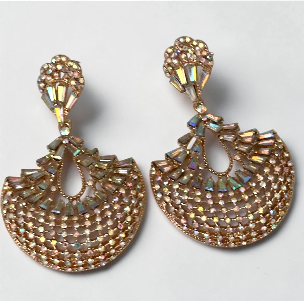 AB Crystal Fan Chandelier Statement Earrings – Gold or Silver