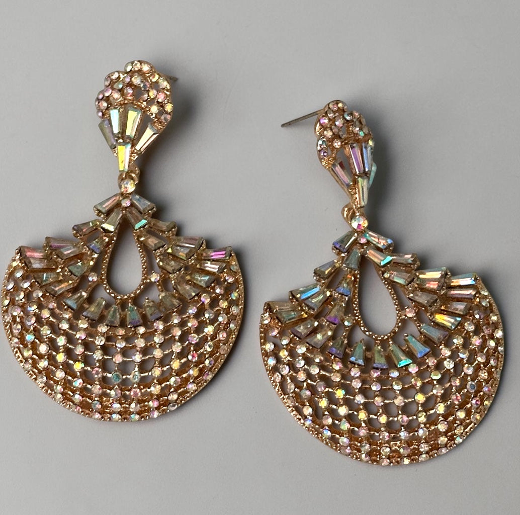 AB Crystal Fan Chandelier Statement Earrings – Gold or Silver