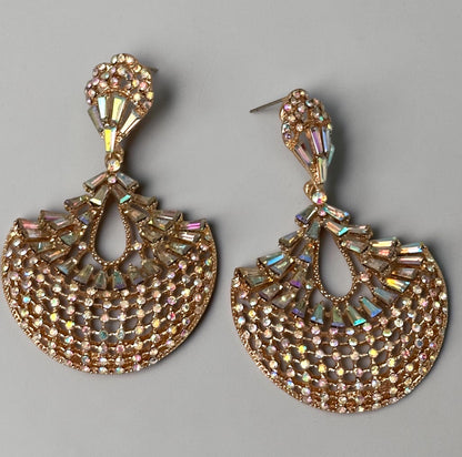 AB Crystal Fan Chandelier Statement Earrings – Gold or Silver