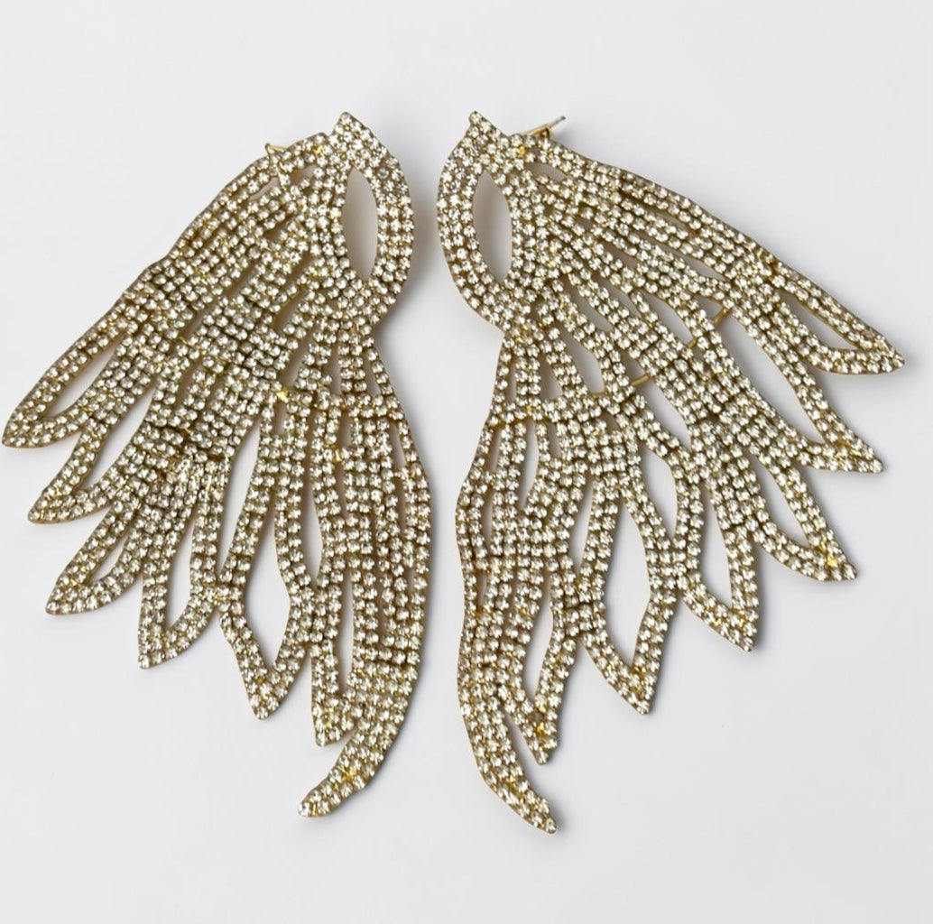 Rhinestone Feather Statement Earrings, Long Crystal Chandelier Earrings in Silver or Gold - Fatisha Boutique Fatisha Boutique