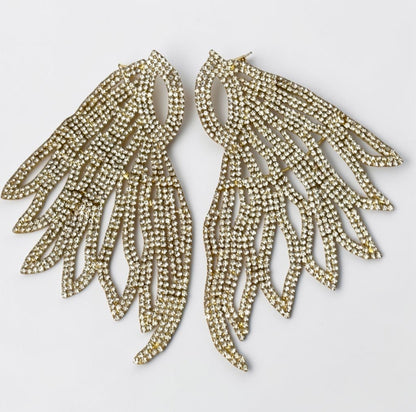 Rhinestone Feather Statement Earrings, Long Crystal Chandelier Earrings in Silver or Gold - Fatisha Boutique