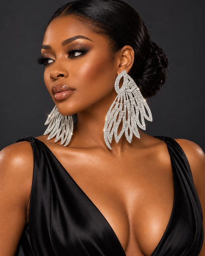 Rhinestone Feather Statement Earrings, Long Crystal Chandelier Earrings in Silver or Gold - Fatisha Boutique