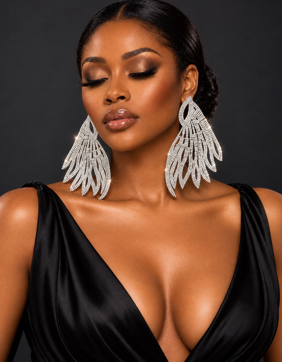 Rhinestone Feather Statement Earrings, Long Crystal Chandelier Earrings in Silver or Gold - Fatisha Boutique