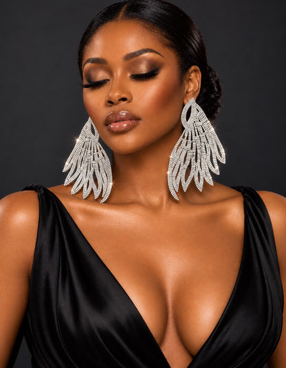 Rhinestone Feather Statement Earrings, Long Crystal Chandelier Earrings in Silver or Gold - Fatisha Boutique