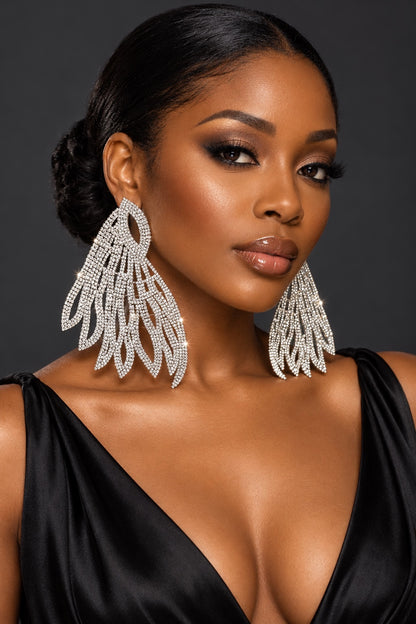 Rhinestone Feather Statement Earrings, Long Crystal Chandelier Earrings in Silver or Gold - Fatisha Boutique
