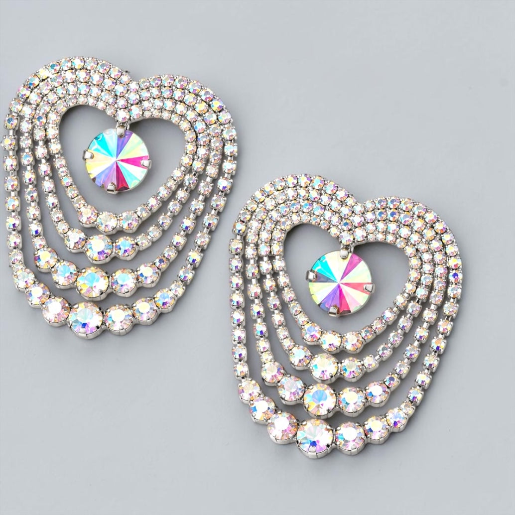 AB Crystal Heart Chandelier Statement Earrings – Gold & Silver - Fatisha Boutique