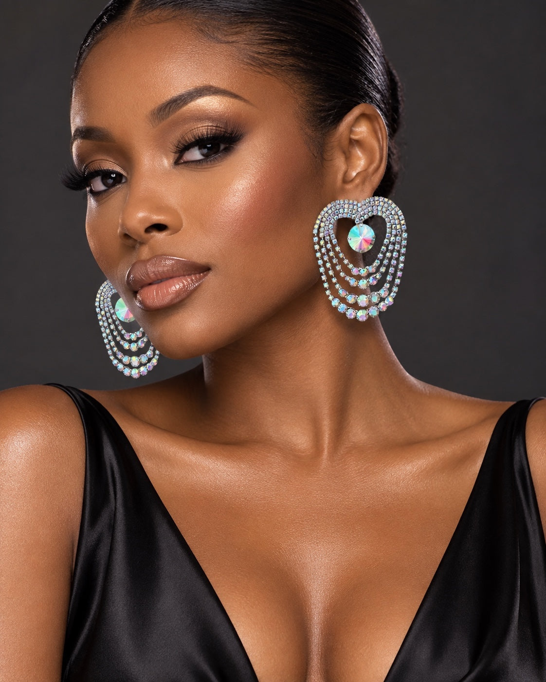 AB Crystal Heart Chandelier Statement Earrings – Gold & Silver - Fatisha Boutique Fatisha Boutique