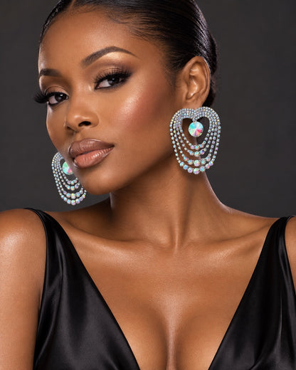AB Crystal Heart Chandelier Statement Earrings – Gold & Silver - Fatisha Boutique