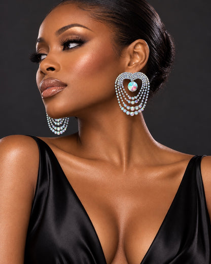 AB Crystal Heart Chandelier Statement Earrings – Gold & Silver - Fatisha Boutique