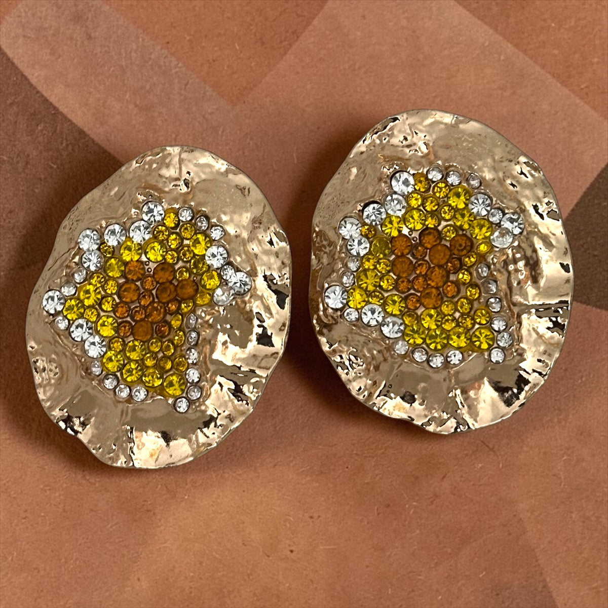 Gold Hammered Rhinestone Statement Stud Earrings Fatisha Boutique
