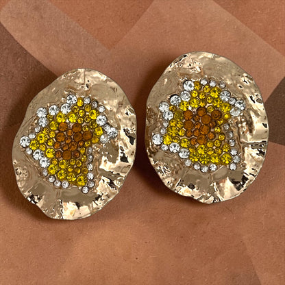 Gold Hammered Rhinestone Statement Stud Earrings