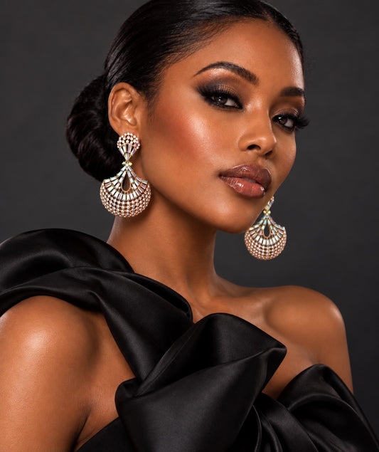 AB Crystal Fan Chandelier Statement Earrings – Gold or Silver - Fatisha Boutique