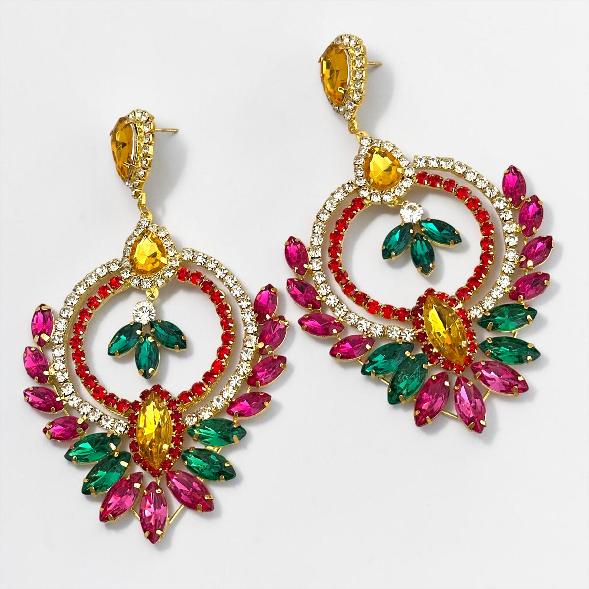 Luxury gold-tone multicolour rhinestone chandelier statement earrings with pink, green, red, yellow and clear stones.