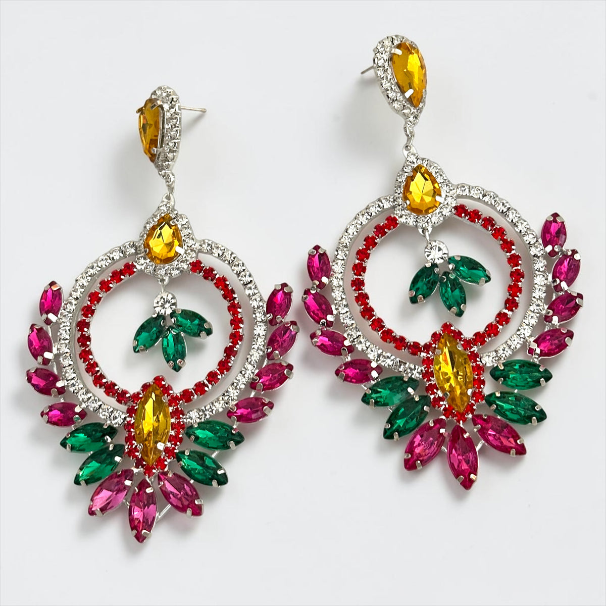 Luxury silver-tone multicolour rhinestone chandelier statement earrings with pink, green, red, yellow and clear stones.