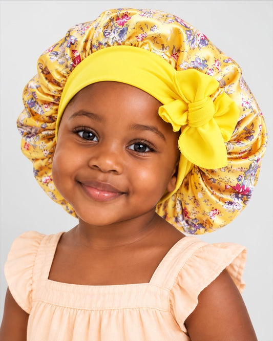 Girls Floral Satin Silk Bonnet with Bow – Ages 1–5 Years - Fatisha Boutique