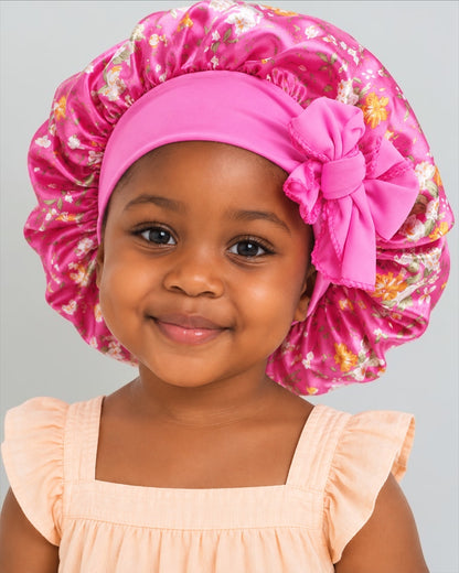 Bonnet en satin de soie avec nœud pour enfants | Bonnet de nuit floral pour filles – Protection capillaire pour cheveux bouclés et lisses