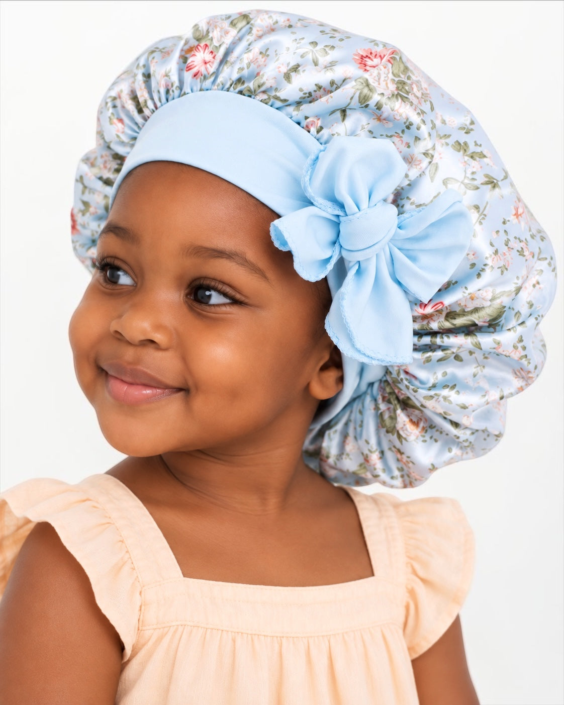 Bonnet en satin de soie avec nœud pour enfants | Bonnet de nuit floral pour filles – Protection capillaire pour cheveux bouclés et lisses Fatisha Boutique