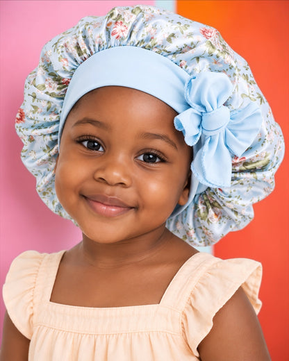 Bonnet en satin de soie avec nœud pour enfants | Bonnet de nuit floral pour filles – Protection capillaire pour cheveux bouclés et lisses
