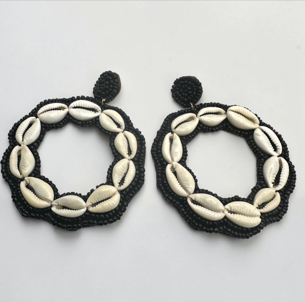 Black Handmade African Cowrie Shell Hoop Statement Earrings - Fatisha Boutique