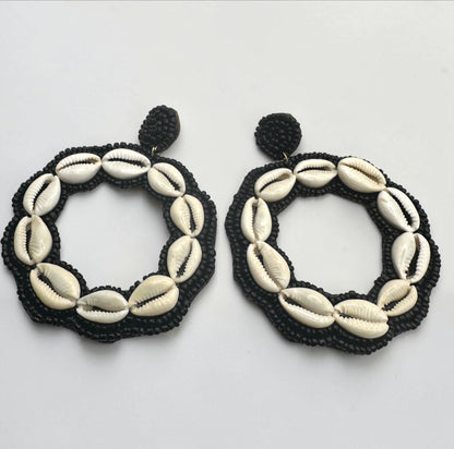 Black Handmade African Cowrie Shell Hoop Statement Earrings - Fatisha Boutique