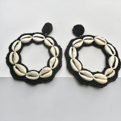 Black Handmade African Cowrie Shell Hoop Statement Earrings - Fatisha Boutique