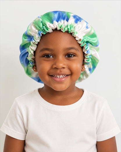 Kids Adjustable Tie-Dye Satin Silk Bonnet – Double Layer, Ages 1–5 - Fatisha Boutique