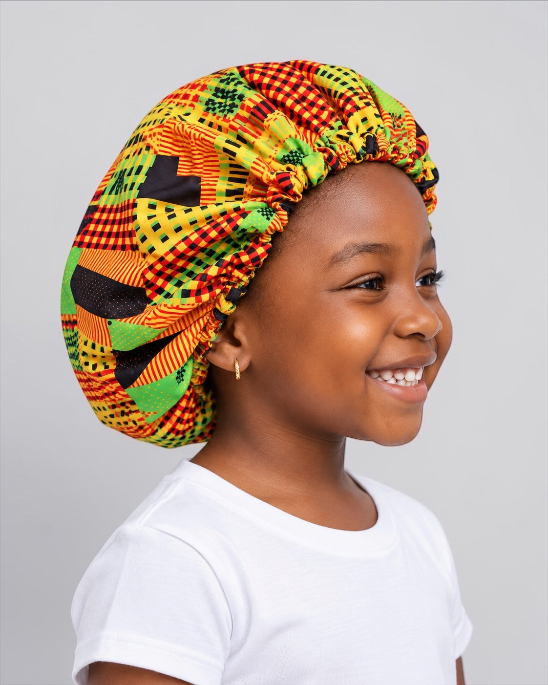 Kids Adjustable Ankara Print Satin- Silk Lined Bonnet – Ages 1–5