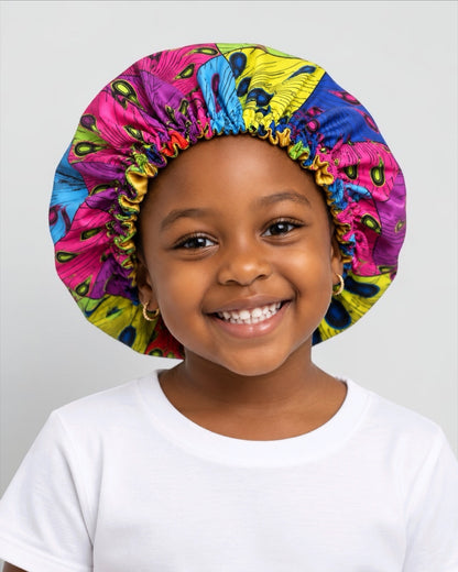 Kids Adjustable Ankara Print Satin- Silk Lined Bonnet – Ages 1–5