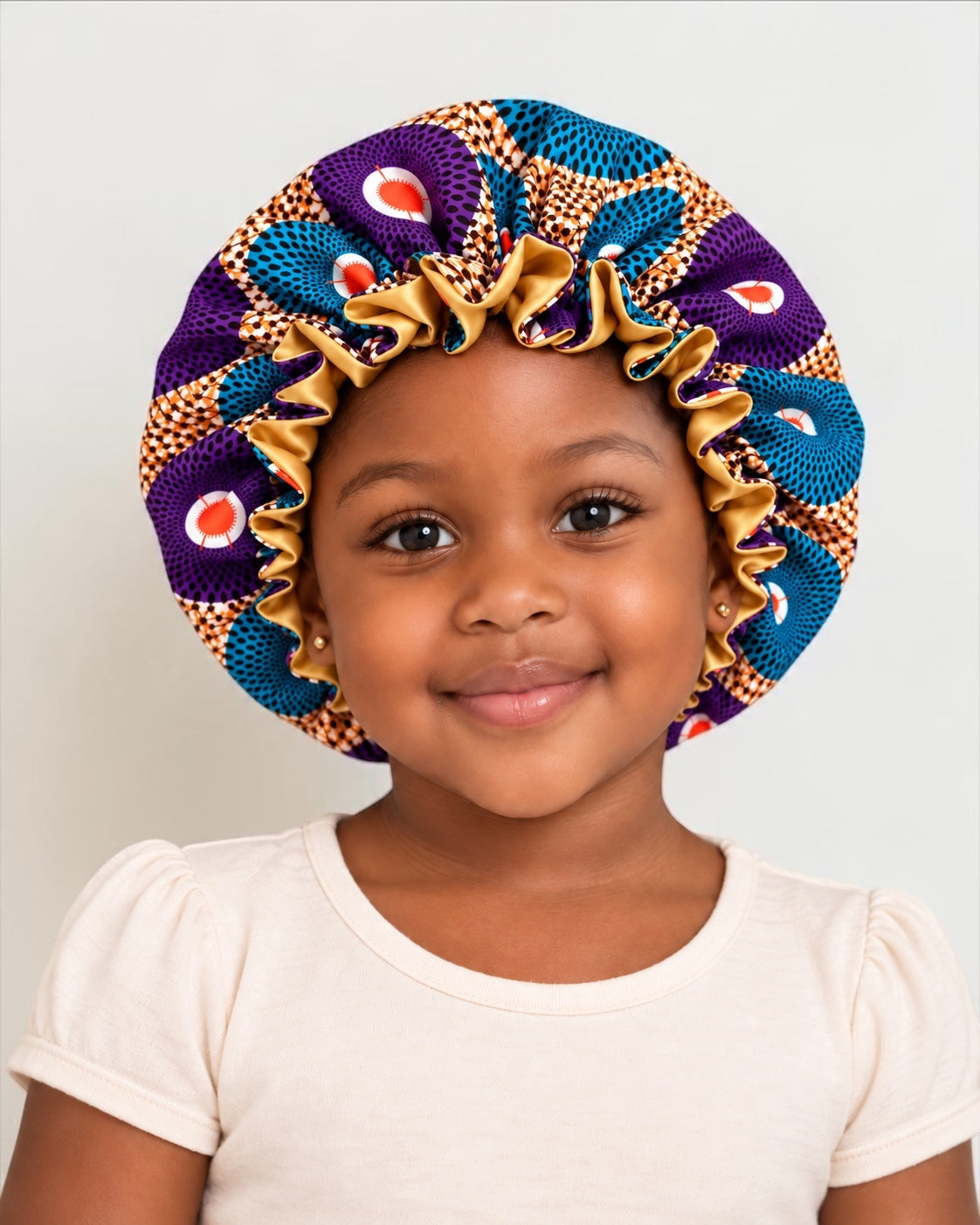 Kids Reversible Ankara Satin Silk Ruffle Bonnet – Ages 1–5 - Fatisha Boutique Fatisha Boutique