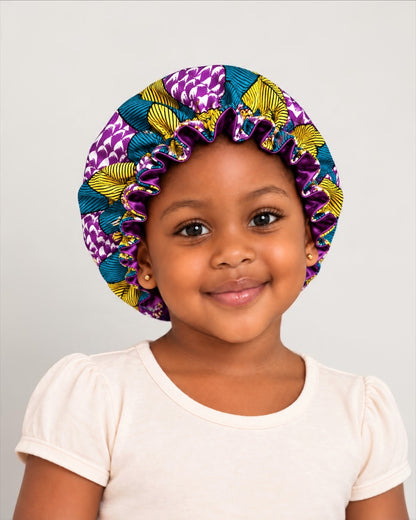 Kids Reversible Ankara Satin Silk Ruffle Bonnet – Ages 1–5 - Fatisha Boutique