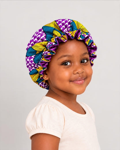 Kids Reversible Ankara Satin Silk Ruffle Bonnet – Ages 1–5 - Fatisha Boutique