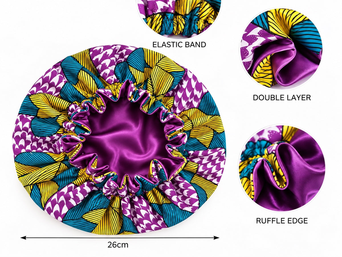 Kids Reversible Ankara Satin Silk Ruffle Bonnet – Ages 1–5 - Fatisha Boutique