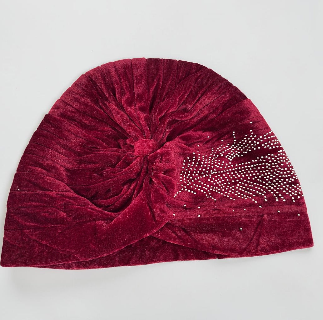 Women's Velvet Turban Cap – Pre-Tied Rhinestone Headwrap Fatisha Boutique