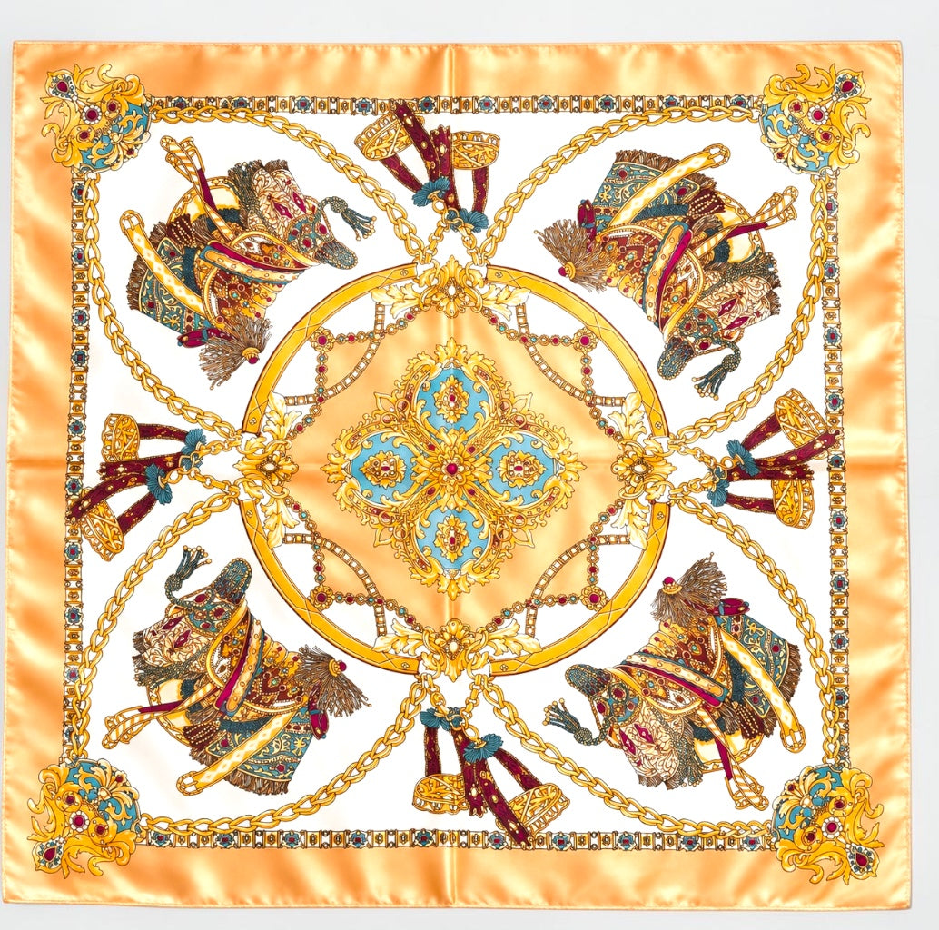 Luxury Satin Silk Scarf – Elegant Equestrian Chain Print Square Wrap for Women - Fatisha Boutique