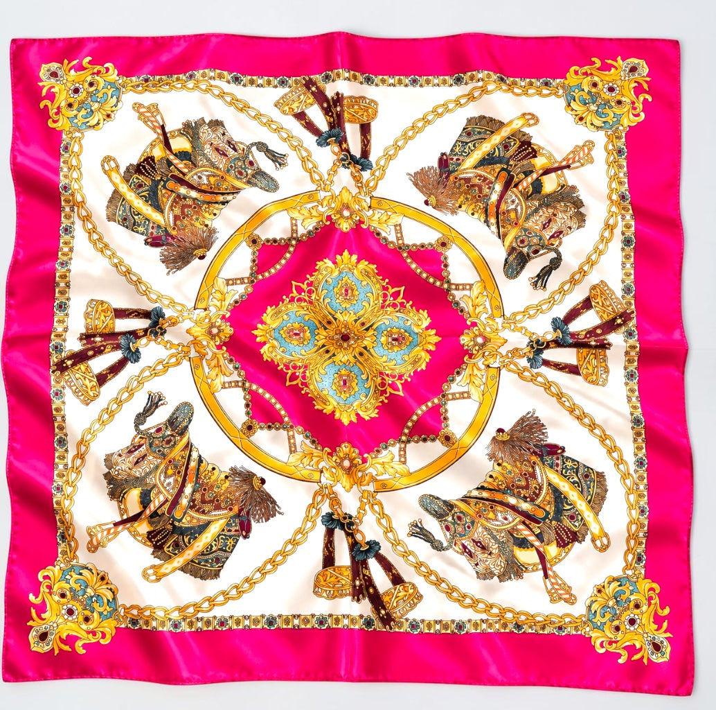 Luxury Satin Silk Scarf – Elegant Equestrian Chain Print Square Wrap for Women - Fatisha Boutique Fatisha Boutique