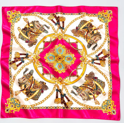 Luxury Satin Silk Scarf – Elegant Equestrian Chain Print Square Wrap for Women - Fatisha Boutique